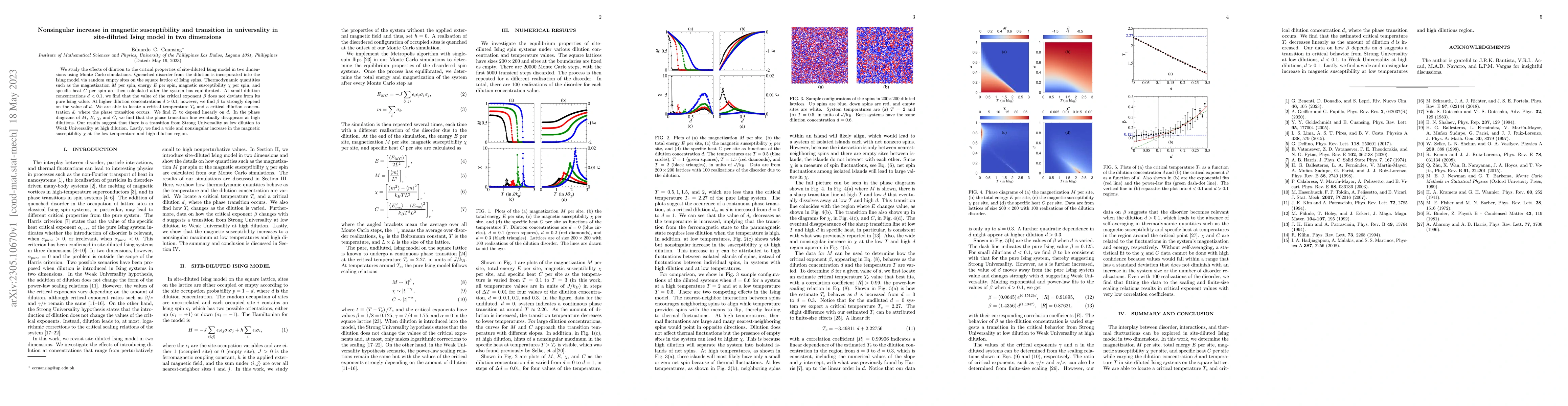 Thumbnail for Nonsingular increase in magnetic susceptibility and transition in
  universality in site-diluted Ising model in two dimensions