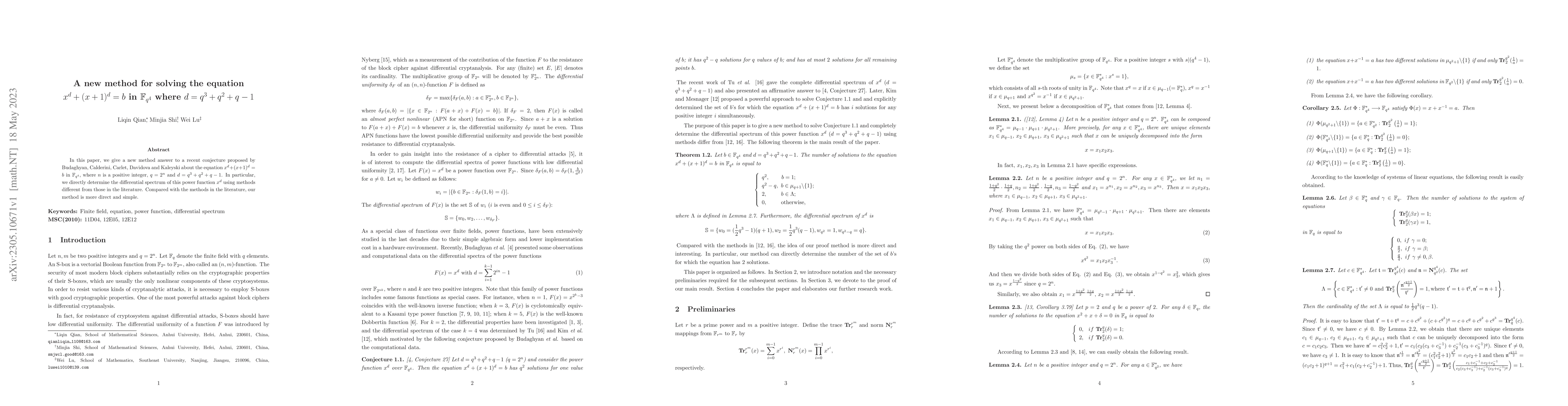 Thumbnail for A new method for solving the equation $x^d+(x+1)^d=b$ in
  $\mathbb{F}_{q^4}$ where $d=q^3+q^2+q-1$