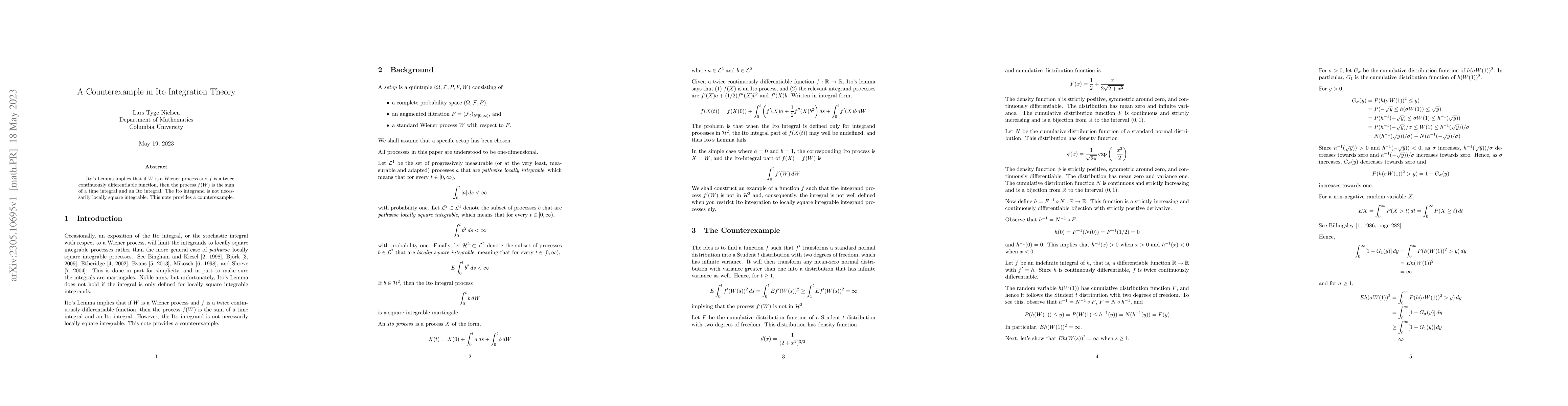 Thumbnail for A Counterexample in Ito Integration Theory