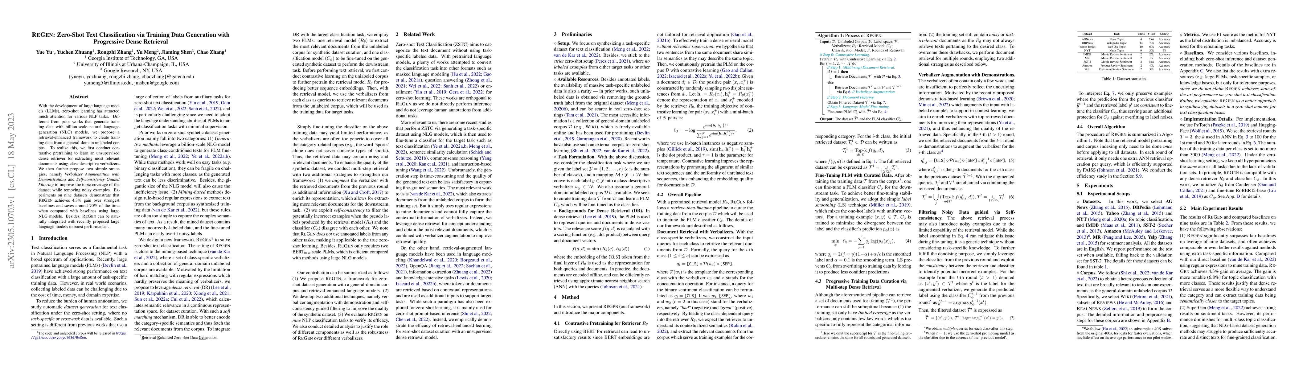 Thumbnail for ReGen: Zero-Shot Text Classification via Training Data Generation with
  Progressive Dense Retrieval