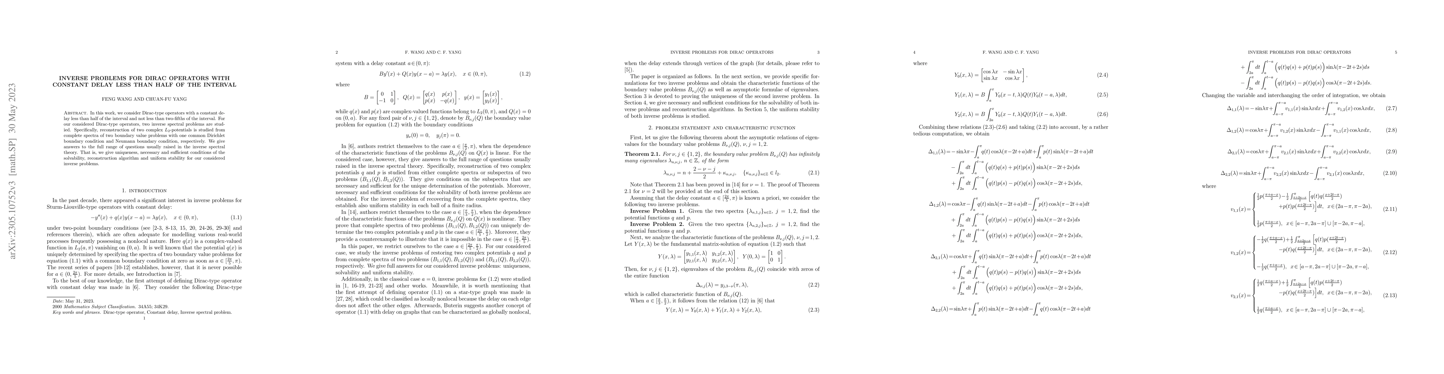 Thumbnail for Inverse problems for Dirac operators with a constant delay less than
  half of the interval