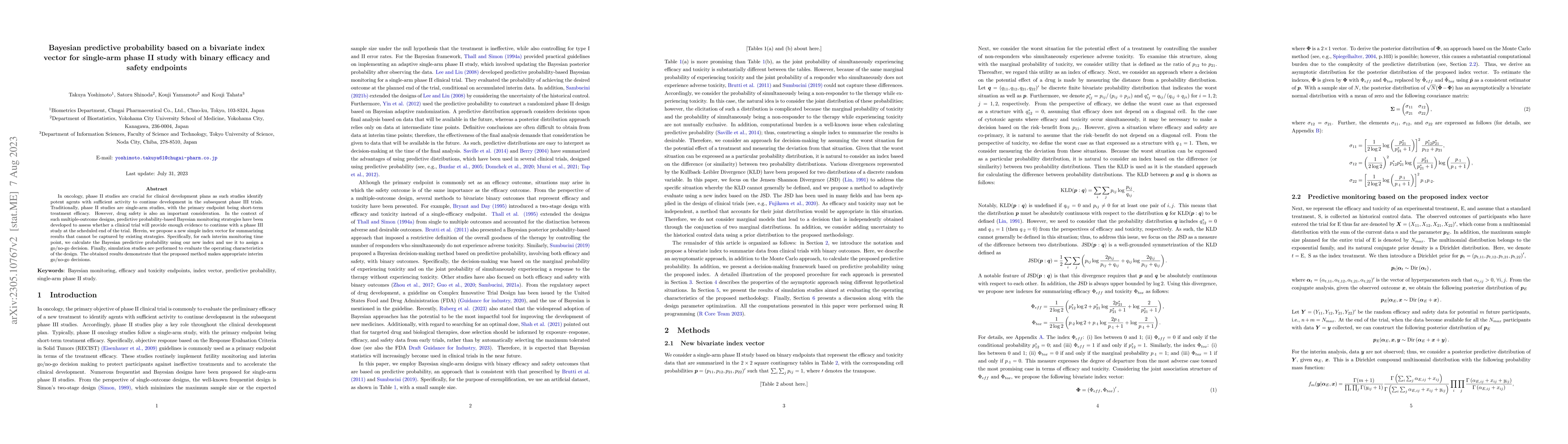 Thumbnail for Bayesian predictive probability based on a bivariate index vector for
  single-arm phase II study with binary efficacy and safety endpoints