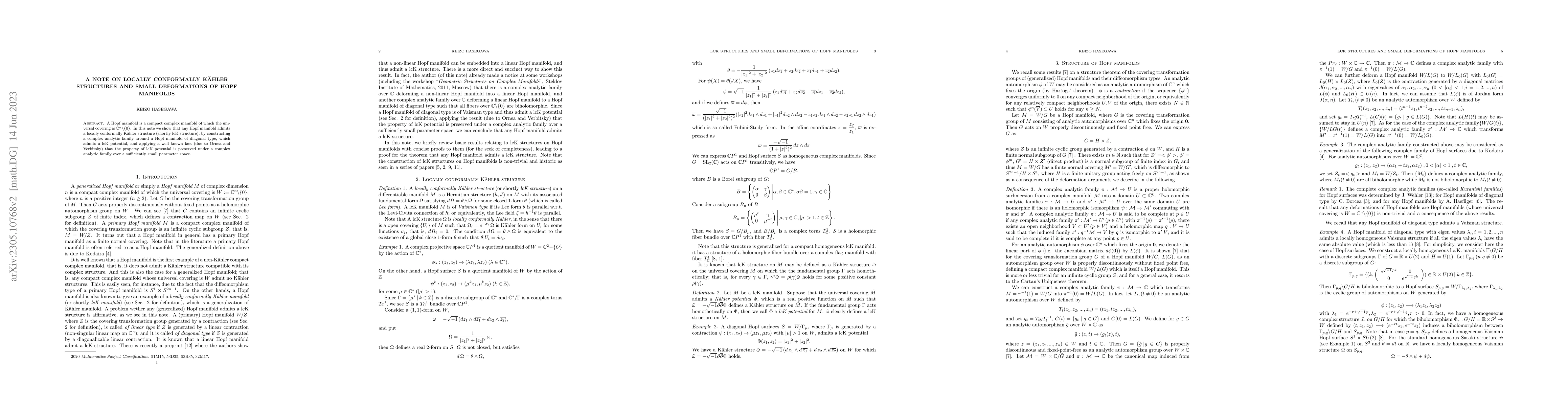 Thumbnail for A note on locally conformally Kaehler structures and small deformations
  of Hopf manifolds