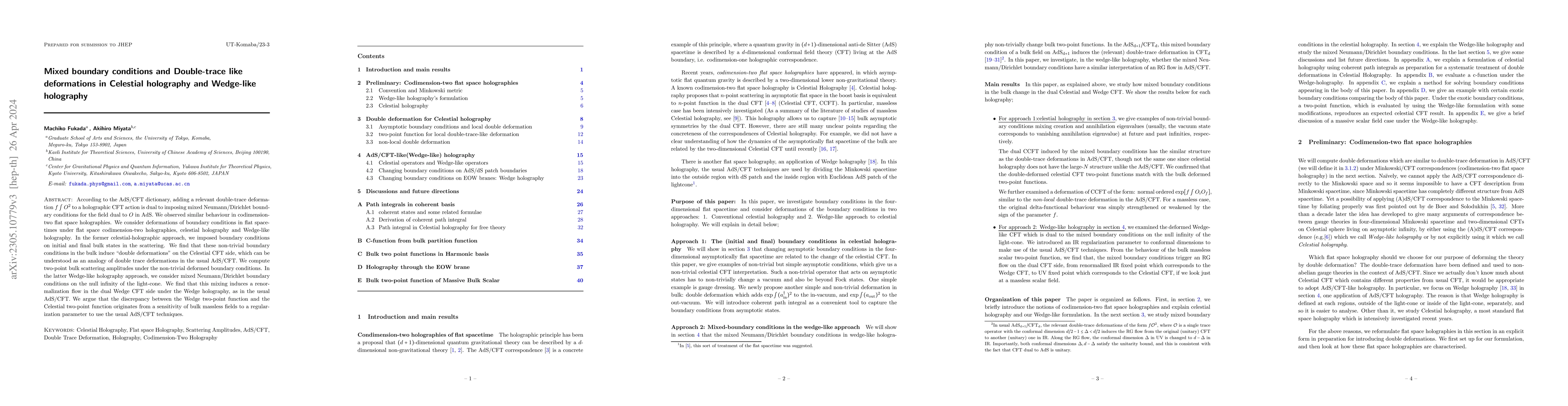 Thumbnail for Mixed boundary conditions and Double-trace like deformations in
  Celestial holography and Wedge-like holography