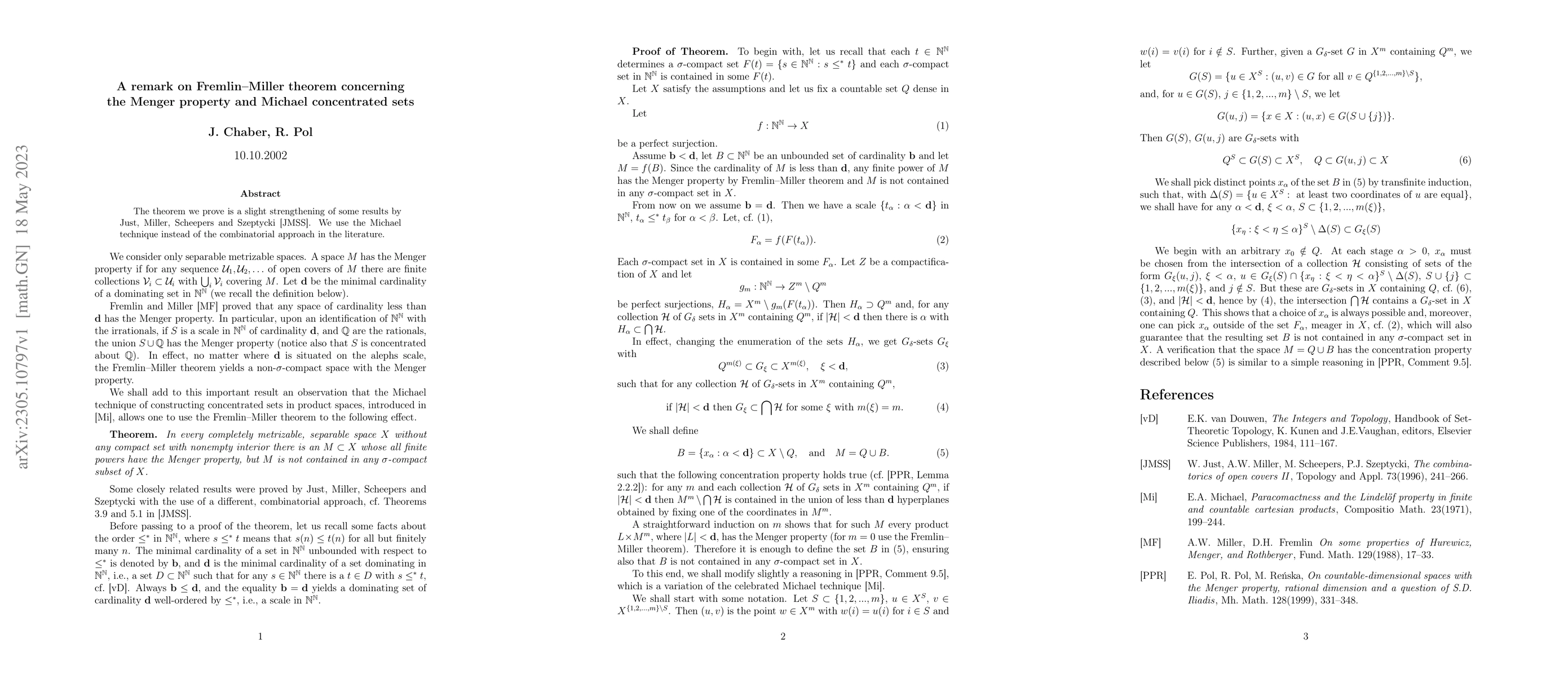 Thumbnail for A remark on Fremlin-Miller theorem concerning the Menger property and
  Michael concentrated sets
