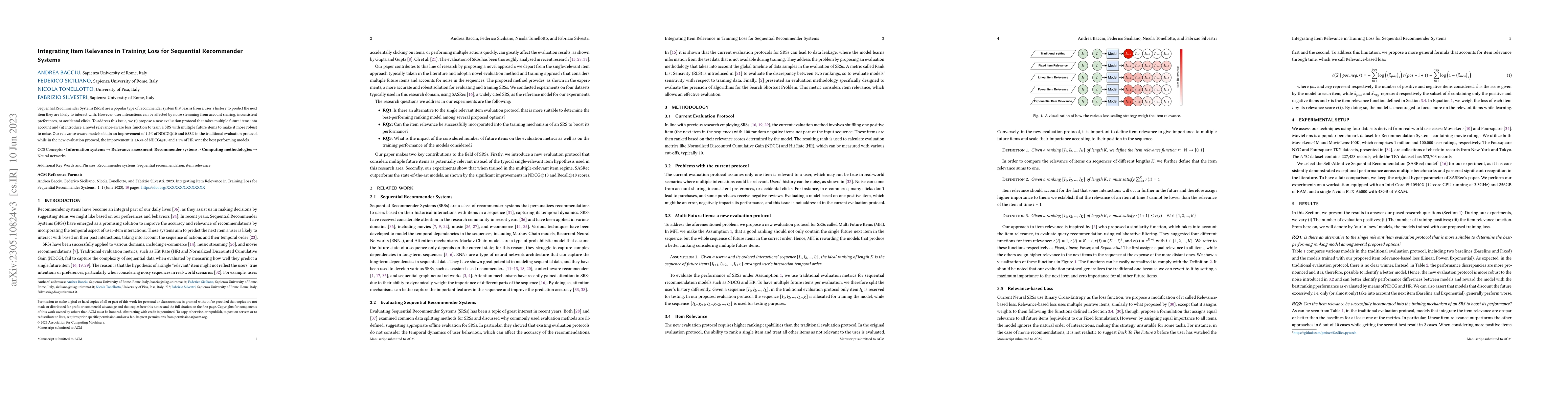 Thumbnail for Integrating Item Relevance in Training Loss for Sequential Recommender
  Systems