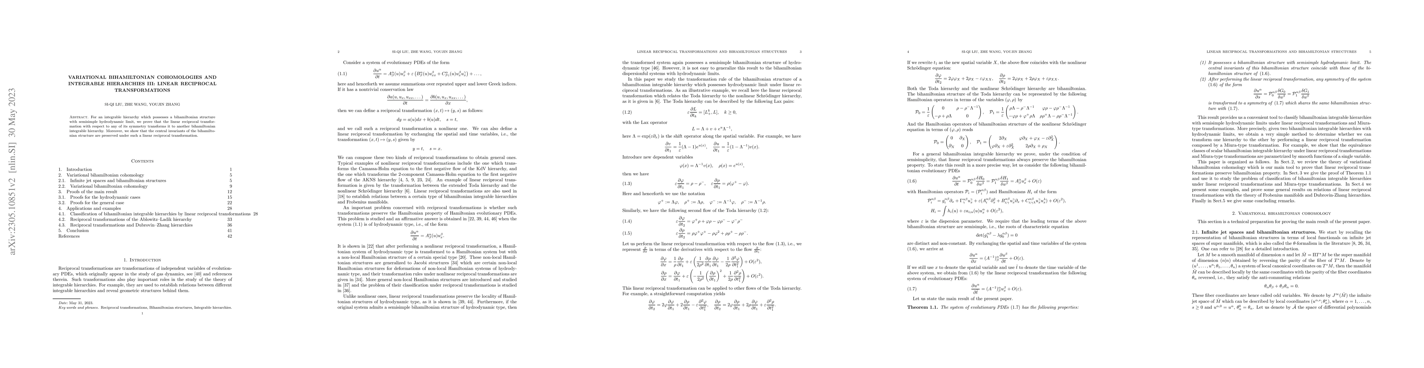 Thumbnail for Variational Bihamiltonian Cohomologies and Integrable Hierarchies III:
  Linear Reciprocal Transformations