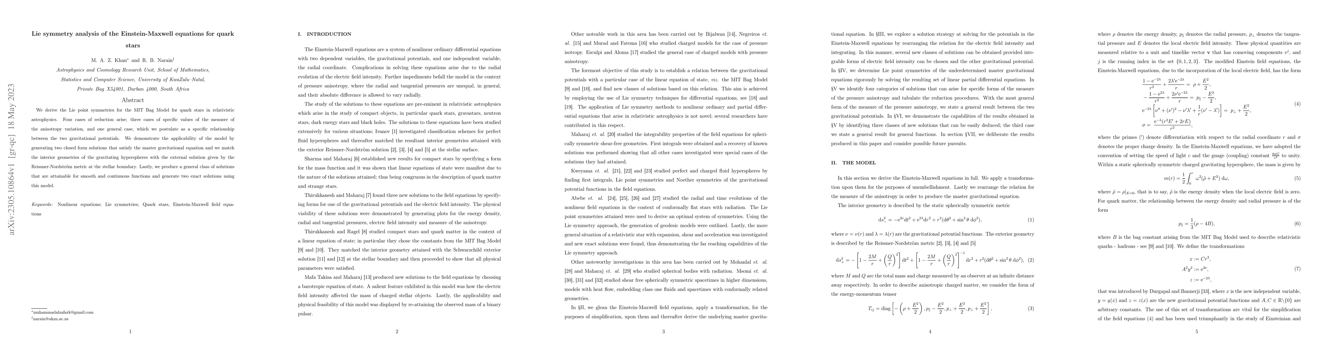 Thumbnail for Lie Symmetry Analysis of the Einstein-Maxwell Equations for Quark Stars
