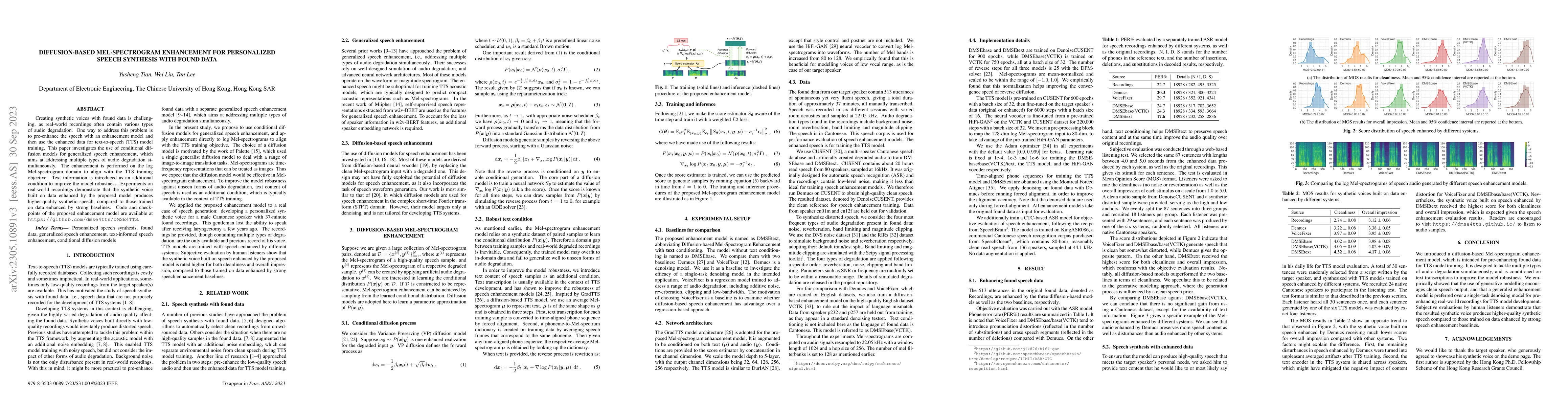 Thumbnail for Diffusion-Based Mel-Spectrogram Enhancement for Personalized Speech
  Synthesis with Found Data