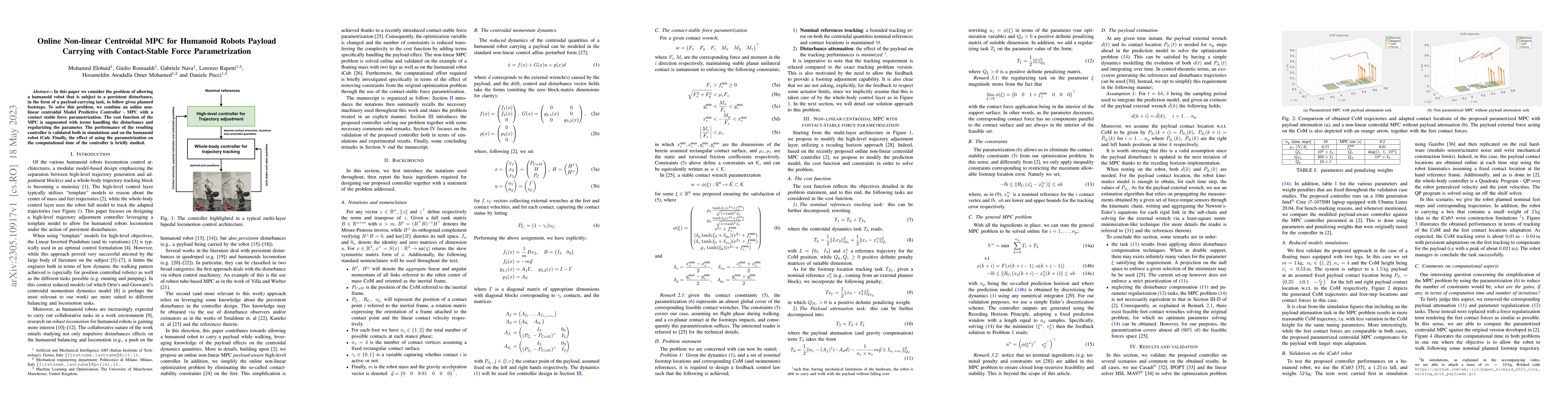 Thumbnail for Online Non-linear Centroidal MPC for Humanoid Robots Payload Carrying
  with Contact-Stable Force Parametrization