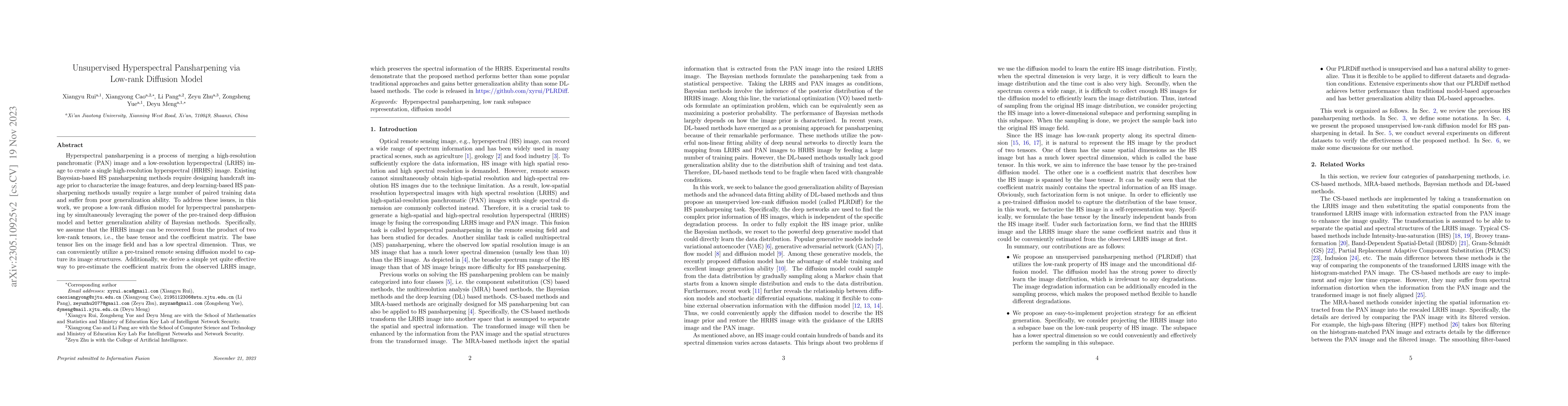 Thumbnail for Unsupervised Hyperspectral Pansharpening via Low-rank Diffusion Model