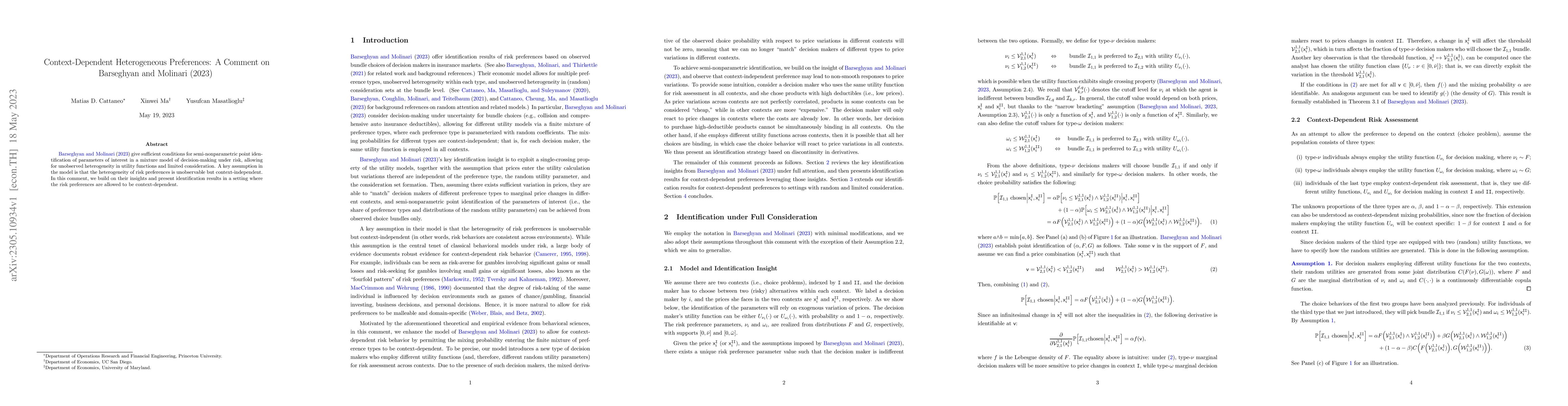 Thumbnail for Context-Dependent Heterogeneous Preferences: A Comment on Barseghyan and
  Molinari (2023)