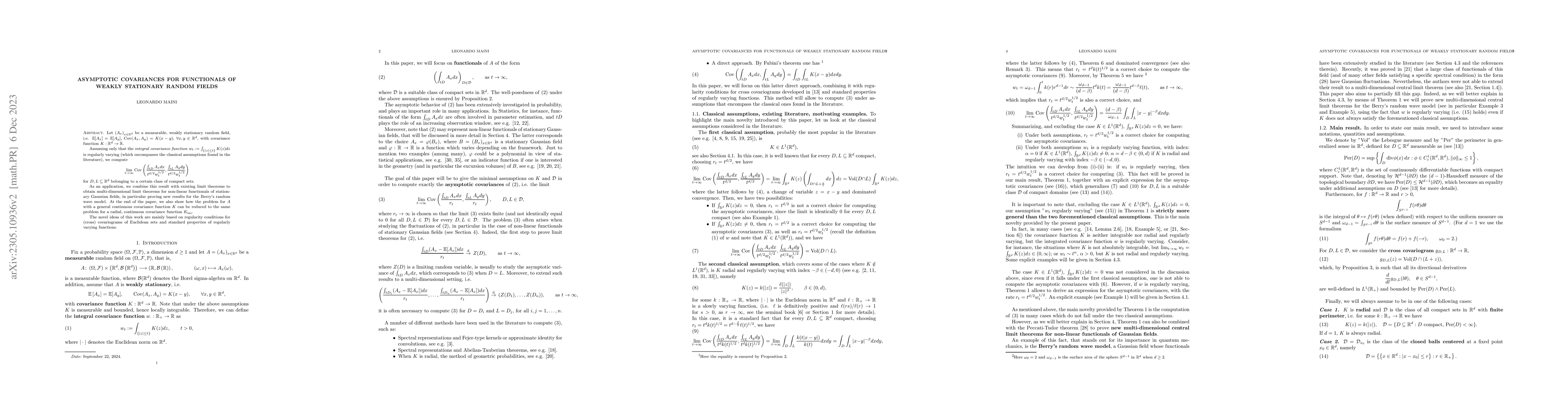 Thumbnail for Asymptotic covariances for functionals of weakly stationary random
  fields