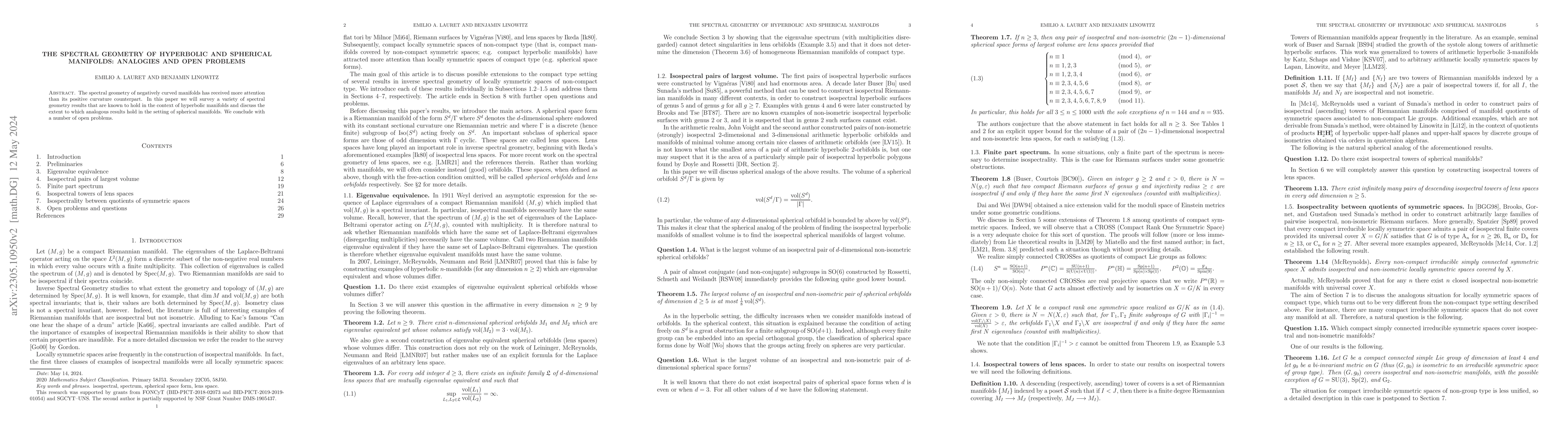 Thumbnail for The spectral geometry of hyperbolic and spherical manifolds: analogies
  and open problems