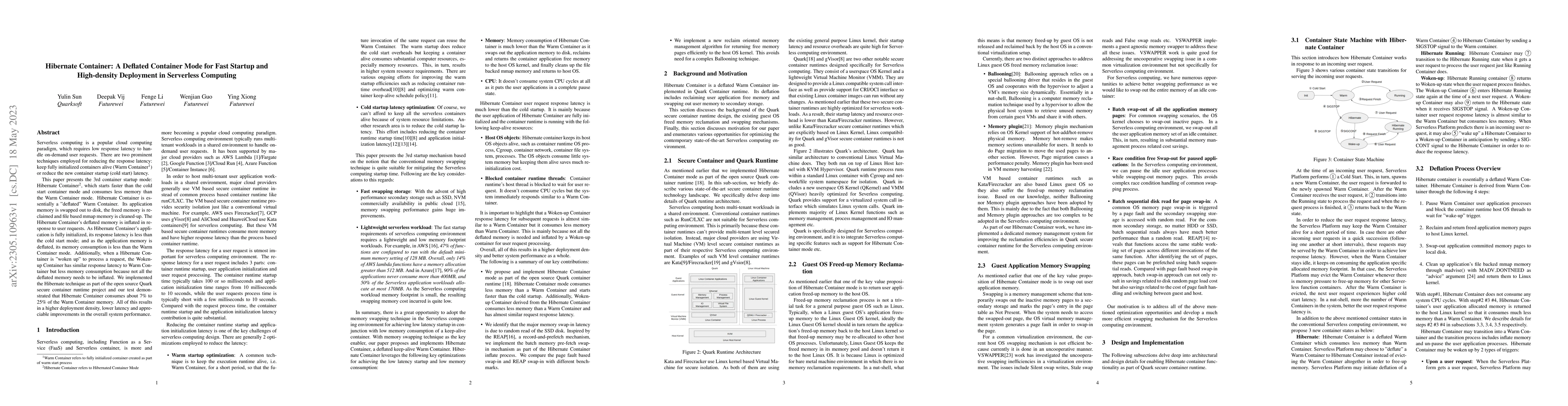 Thumbnail for Hibernate Container: A Deflated Container Mode for Fast Startup and
  High-density Deployment in Serverless Computing