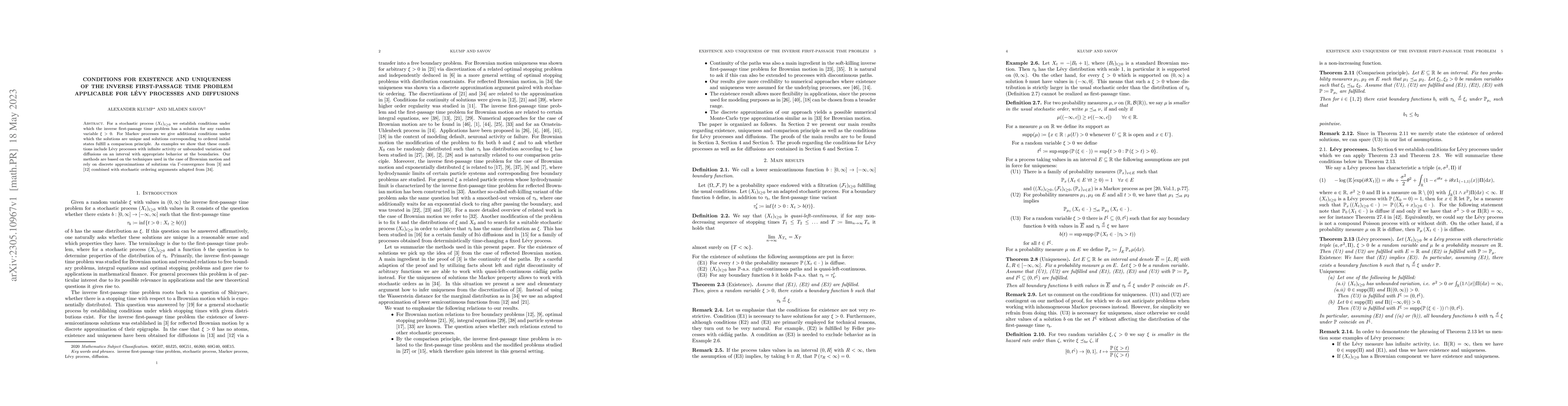 Thumbnail for Conditions for existence and uniqueness of the inverse first-passage
  time problem applicable for L\'evy processes and diffusions