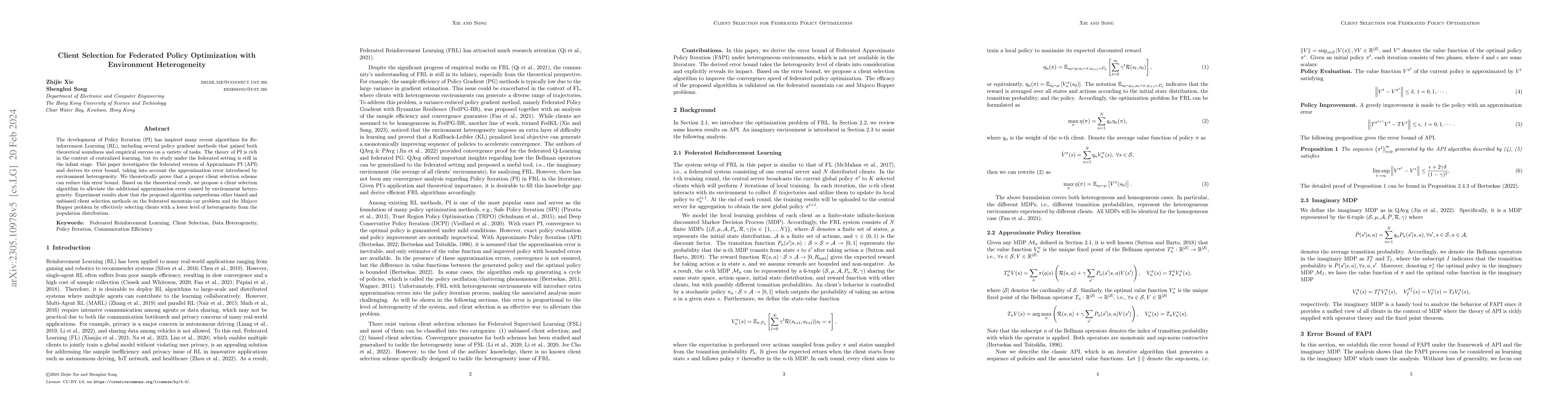 Thumbnail for Client Selection for Federated Policy Optimization with Environment
  Heterogeneity