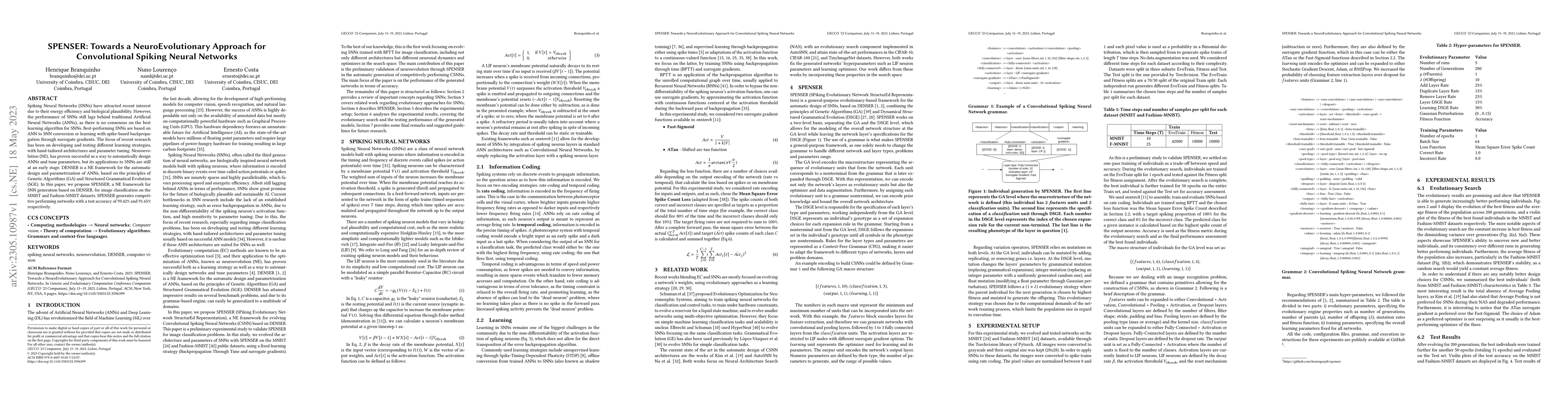 Thumbnail for SPENSER: Towards a NeuroEvolutionary Approach for Convolutional Spiking
  Neural Networks