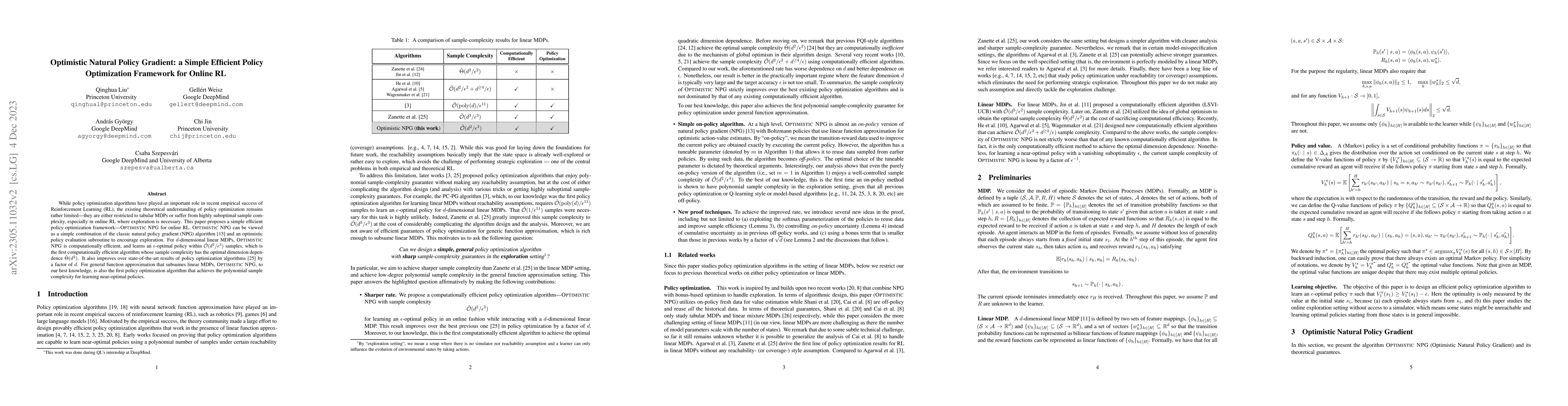 Thumbnail for Optimistic Natural Policy Gradient: a Simple Efficient Policy
  Optimization Framework for Online RL