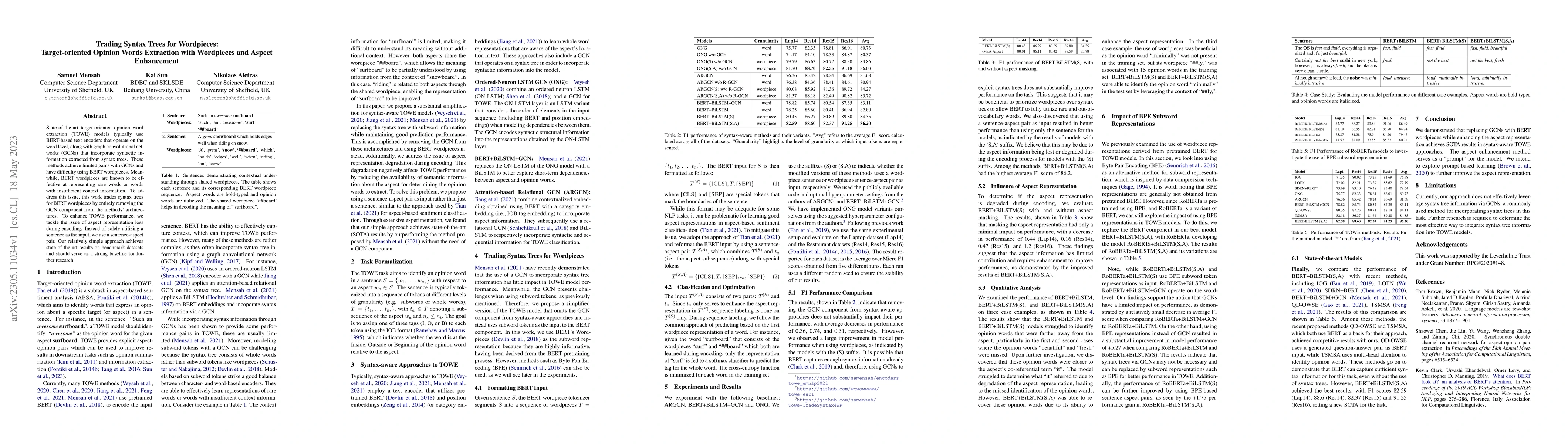 Thumbnail for Trading Syntax Trees for Wordpieces: Target-oriented Opinion Words
  Extraction with Wordpieces and Aspect Enhancement