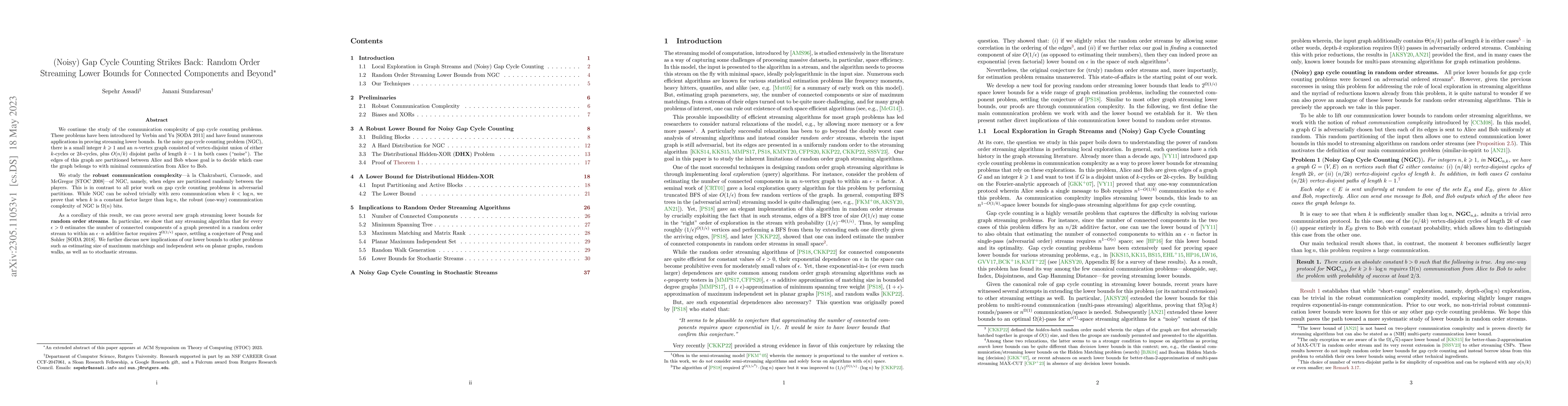 Thumbnail for (Noisy) Gap Cycle Counting Strikes Back: Random Order Streaming Lower
  Bounds for Connected Components and Beyond