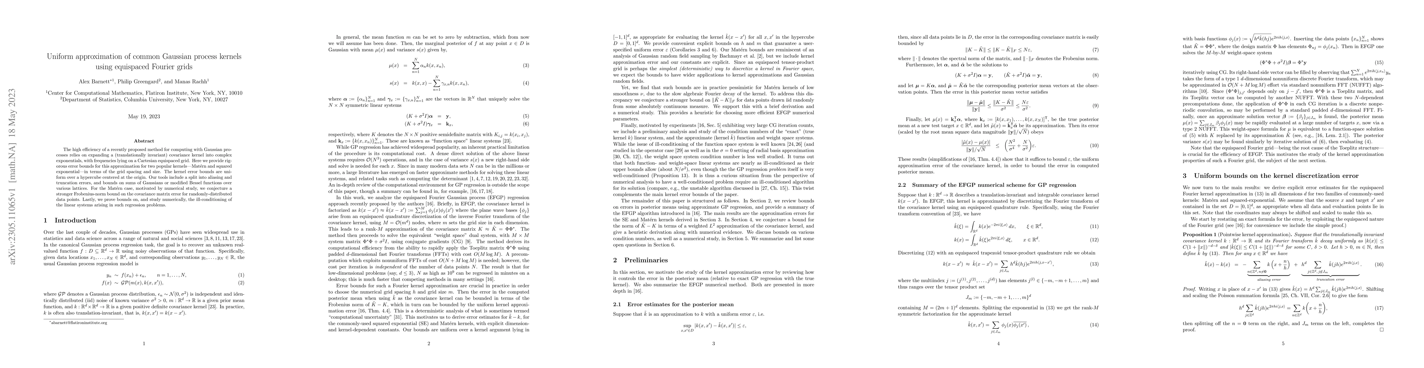 Thumbnail for Uniform approximation of common Gaussian process kernels using
  equispaced Fourier grids