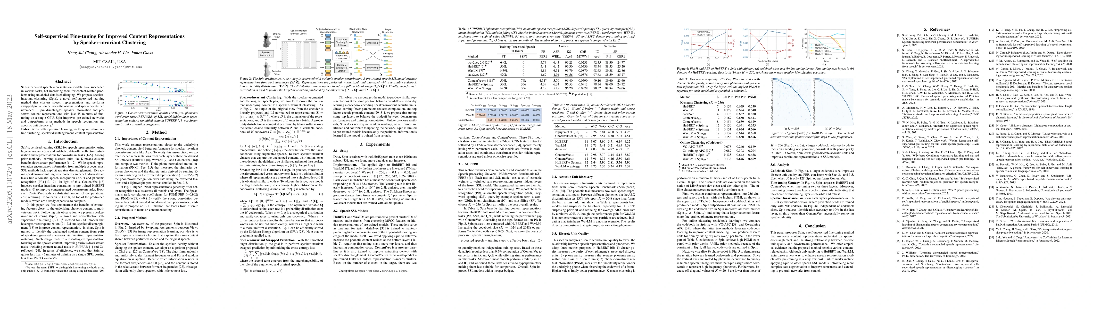 Thumbnail for Self-supervised Fine-tuning for Improved Content Representations by
  Speaker-invariant Clustering