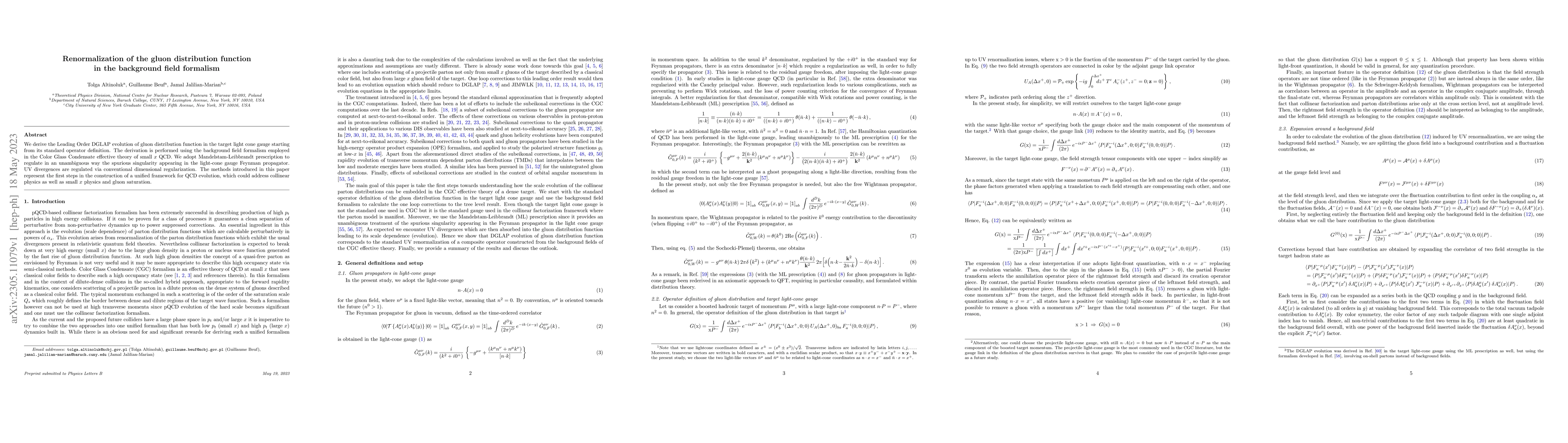 Thumbnail for Renormalization of the gluon distribution function in the background
  field formalism