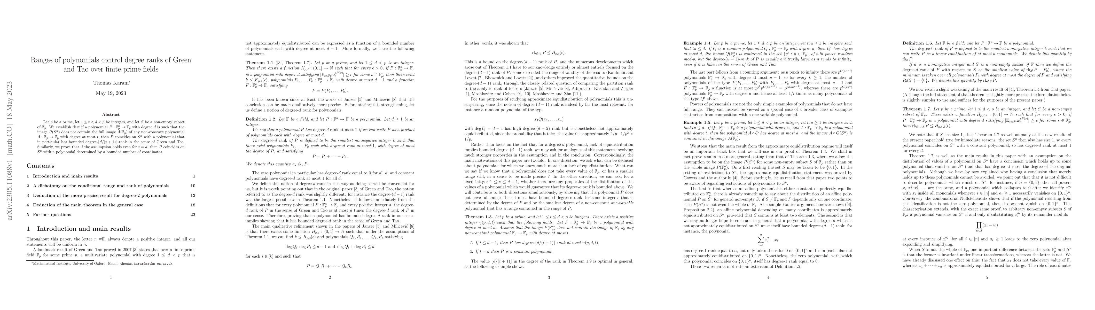 Thumbnail for Ranges of polynomials control degree ranks of Green and Tao over finite
  prime fields