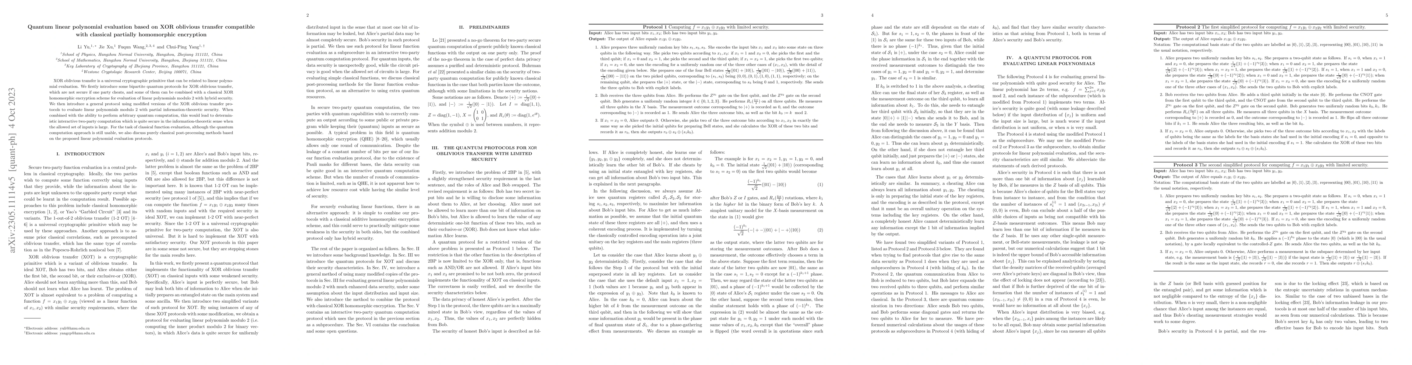Thumbnail for Quantum linear polynomial evaluation based on XOR oblivious transfer
  compatible with classical partially homomorphic encryption