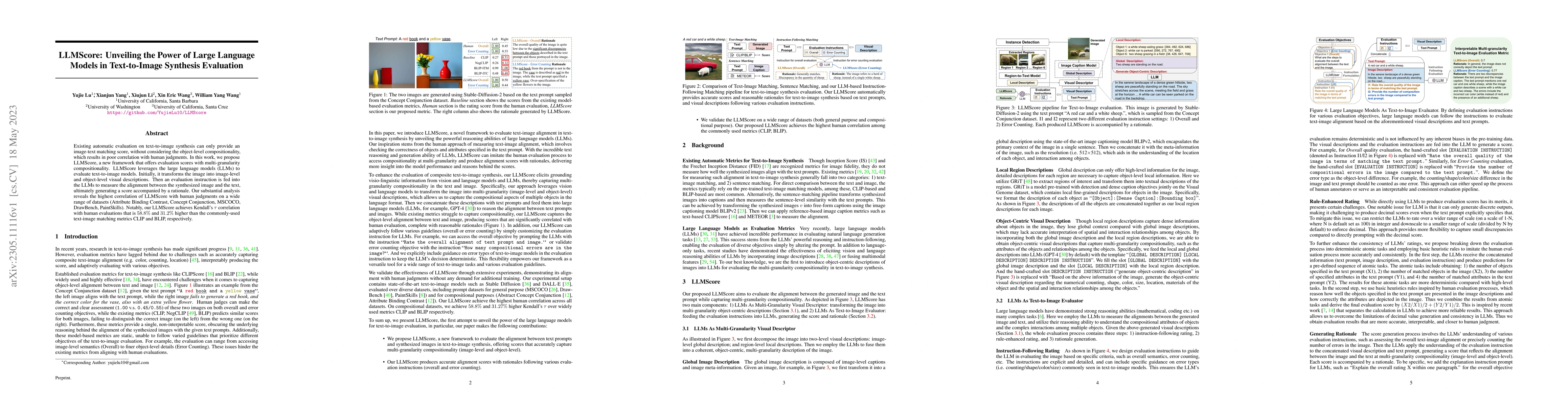 Thumbnail for LLMScore: Unveiling the Power of Large Language Models in Text-to-Image
  Synthesis Evaluation