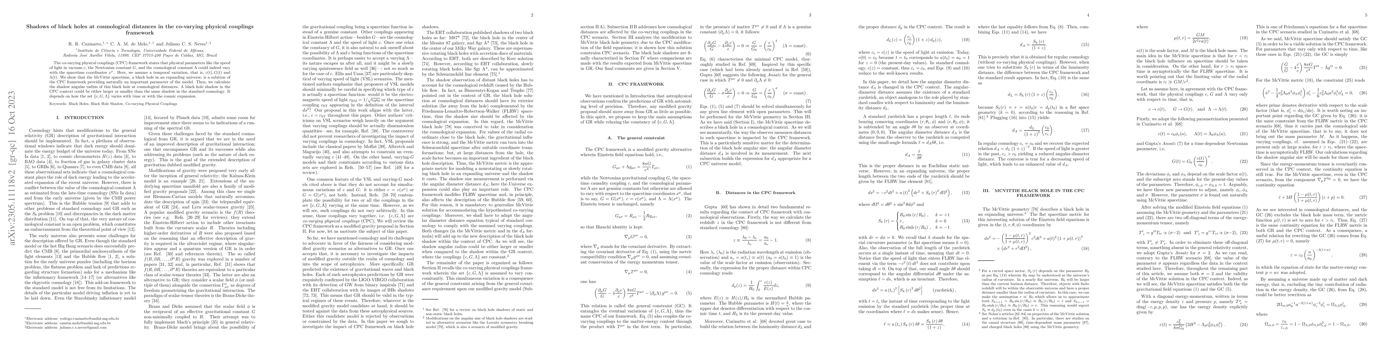 Thumbnail for Shadows of black holes at cosmological distances in the co-varying
  physical couplings framework