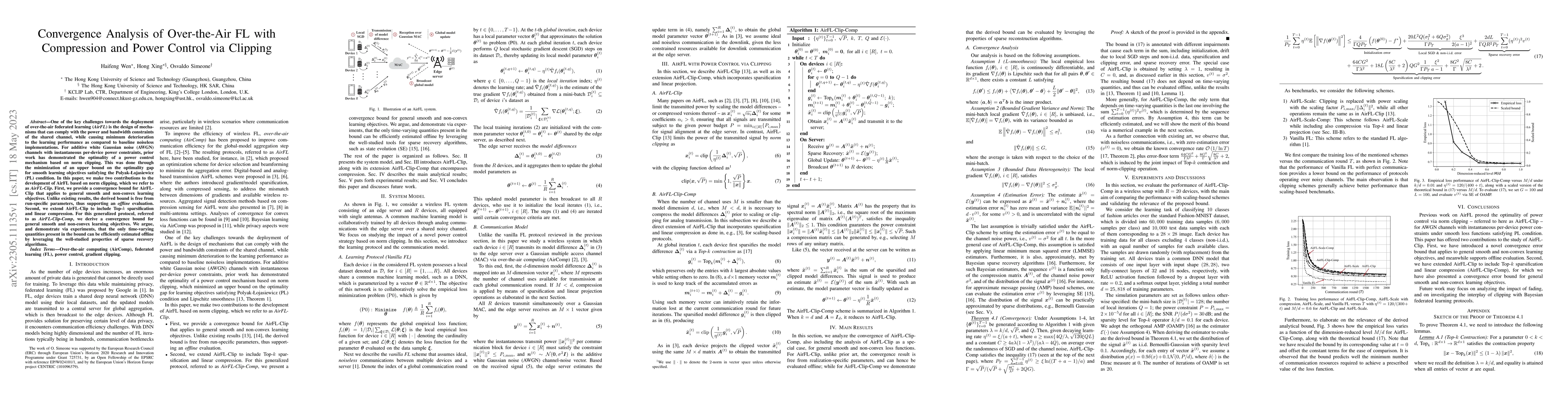 Thumbnail for Convergence Analysis of Over-the-Air FL with Compression and Power
  Control via Clipping