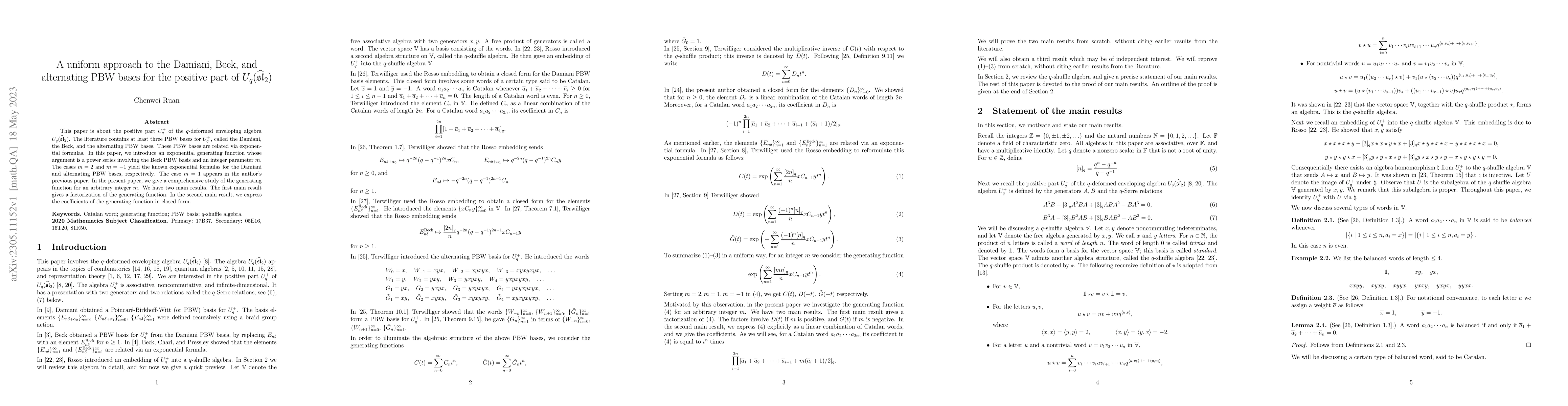 Thumbnail for A uniform approach to the Damiani, Beck, and alternating PBW bases for
  the positive part of $U_q(\widehat{\mathfrak{sl}}_2)$