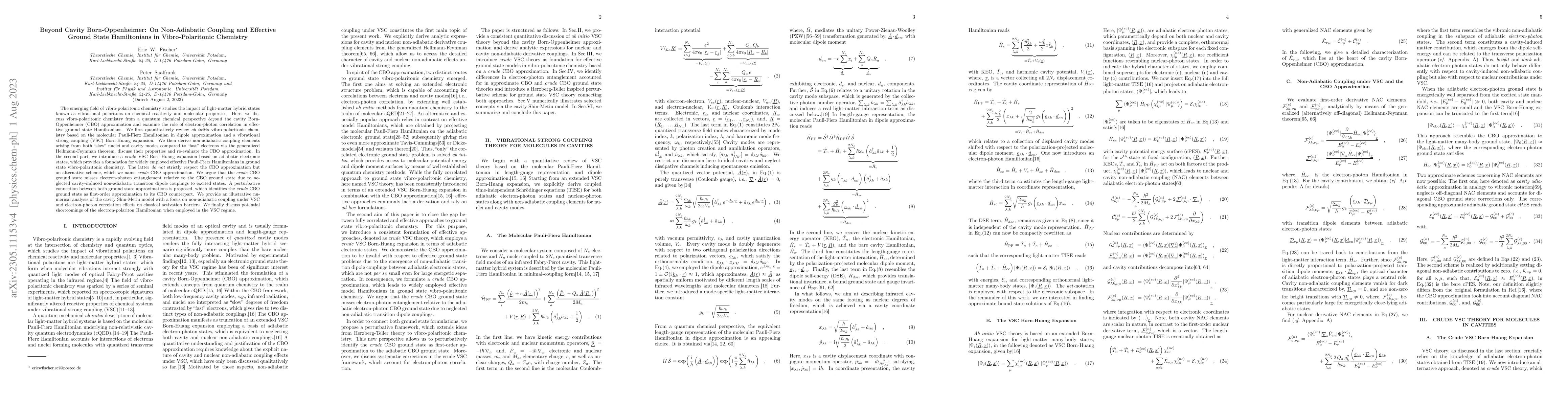 Thumbnail for Beyond Cavity Born-Oppenheimer: On Non-Adiabatic Coupling and Effective
  Ground State Hamiltonians in Vibro-Polaritonic Chemistry