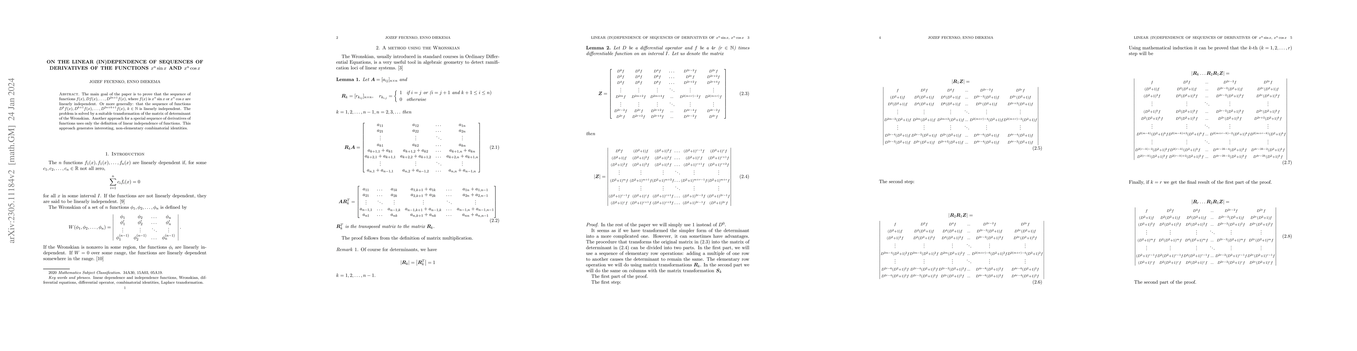 Thumbnail for On the linear (in)dependence of sequences of derivatives of the
  functions $x^n\sin x$ and $x^n\cos x$
