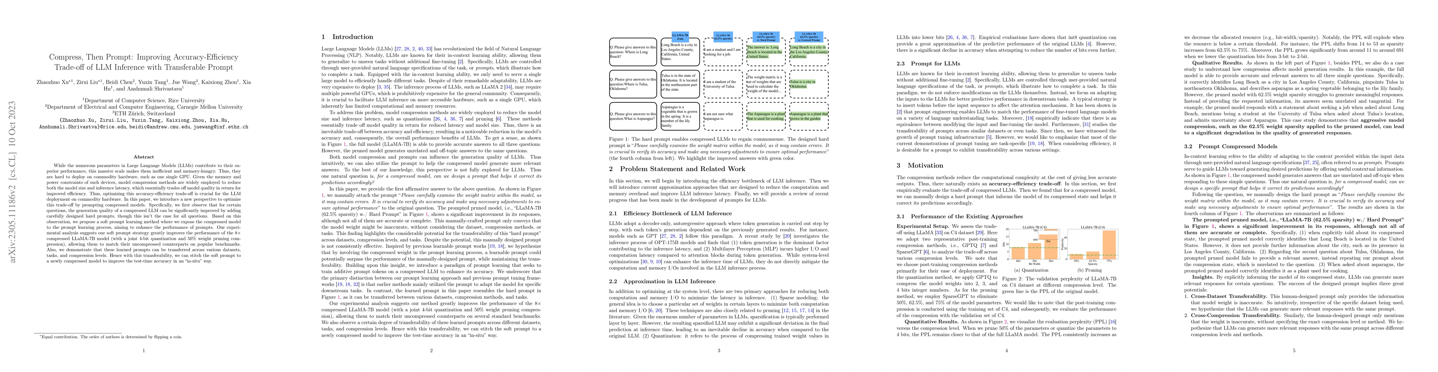 Thumbnail for Compress, Then Prompt: Improving Accuracy-Efficiency Trade-off of LLM
  Inference with Transferable Prompt