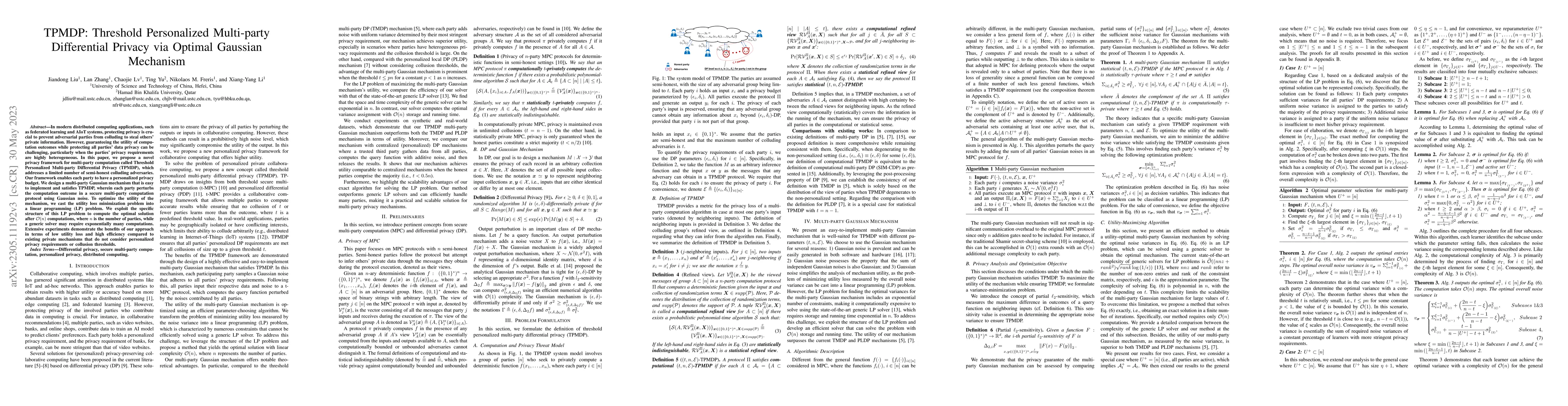 Thumbnail for TPMDP: Threshold Personalized Multi-party Differential Privacy via
  Optimal Gaussian Mechanism