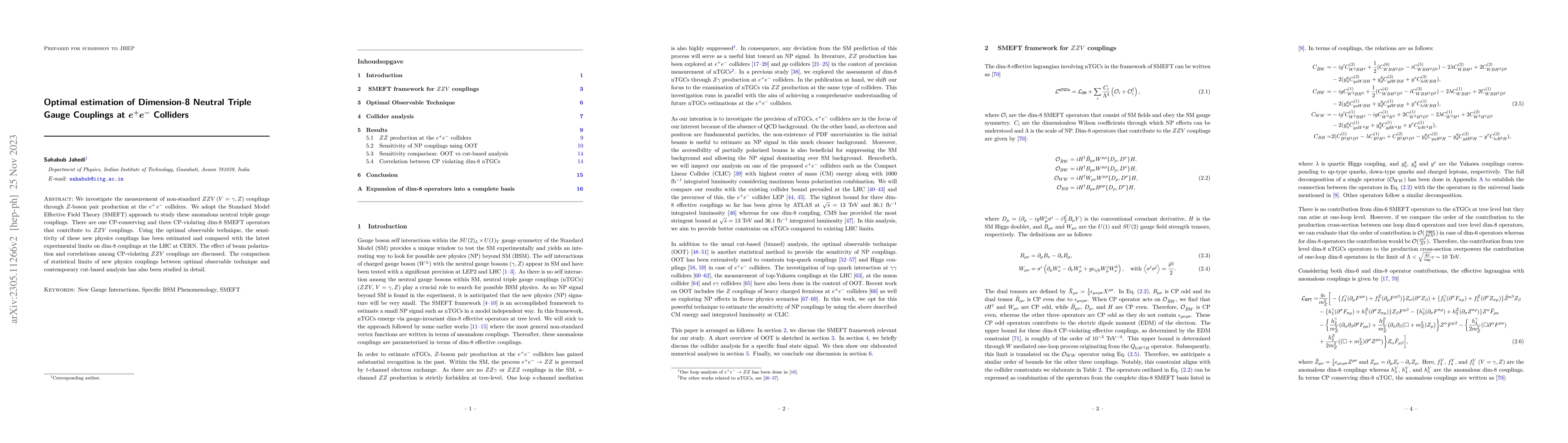 Thumbnail for Optimal estimation of Dimension-8 Neutral Triple Gauge Couplings at $e^+
  e^-$ Colliders