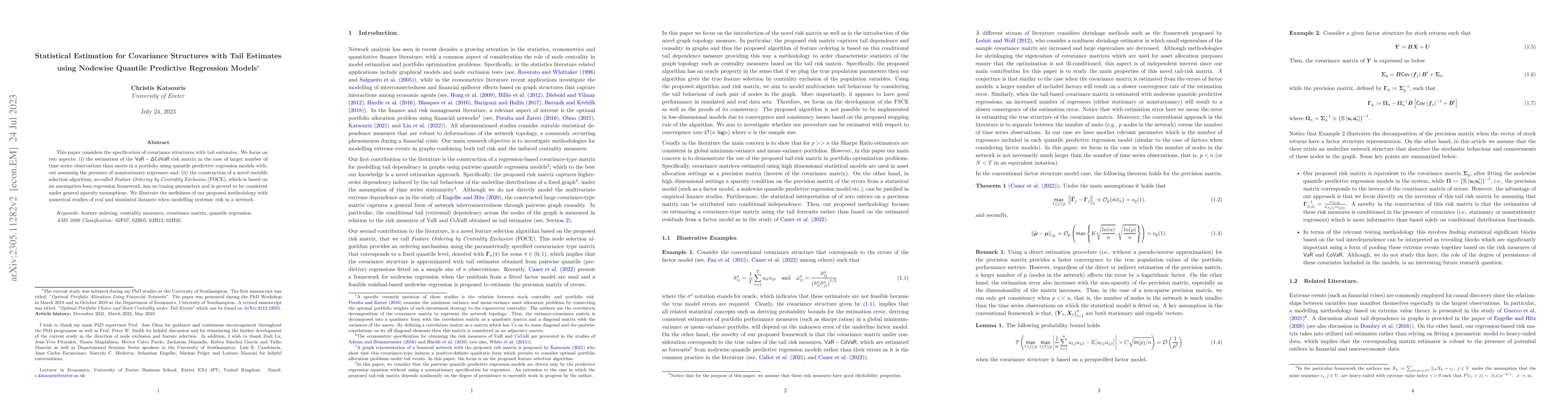 Thumbnail for Statistical Estimation for Covariance Structures with Tail Estimates
  using Nodewise Quantile Predictive Regression Models