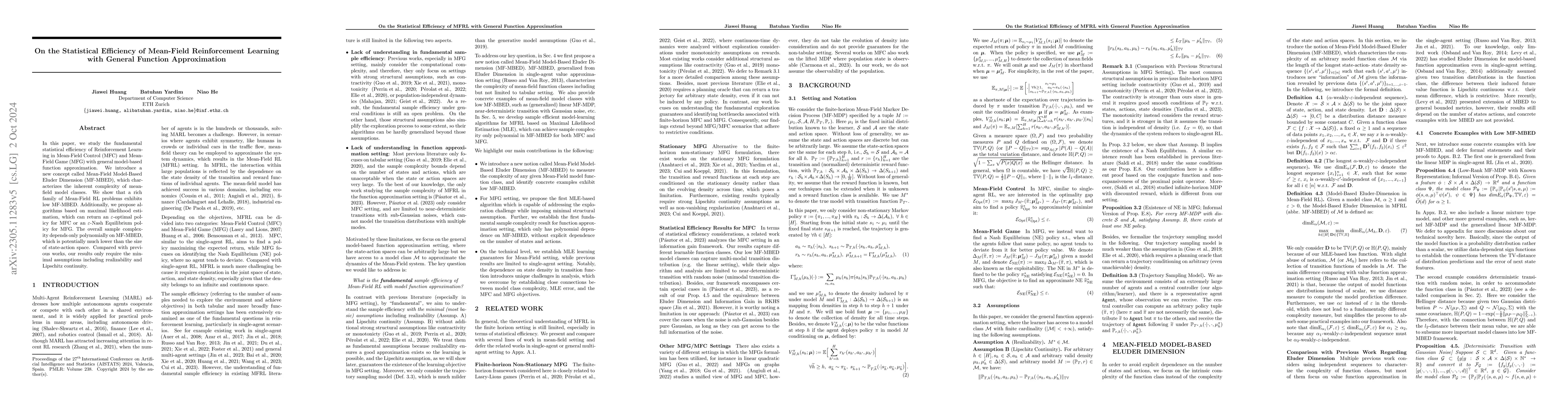 Thumbnail for On the Statistical Efficiency of Mean Field Reinforcement Learning with
  General Function Approximation