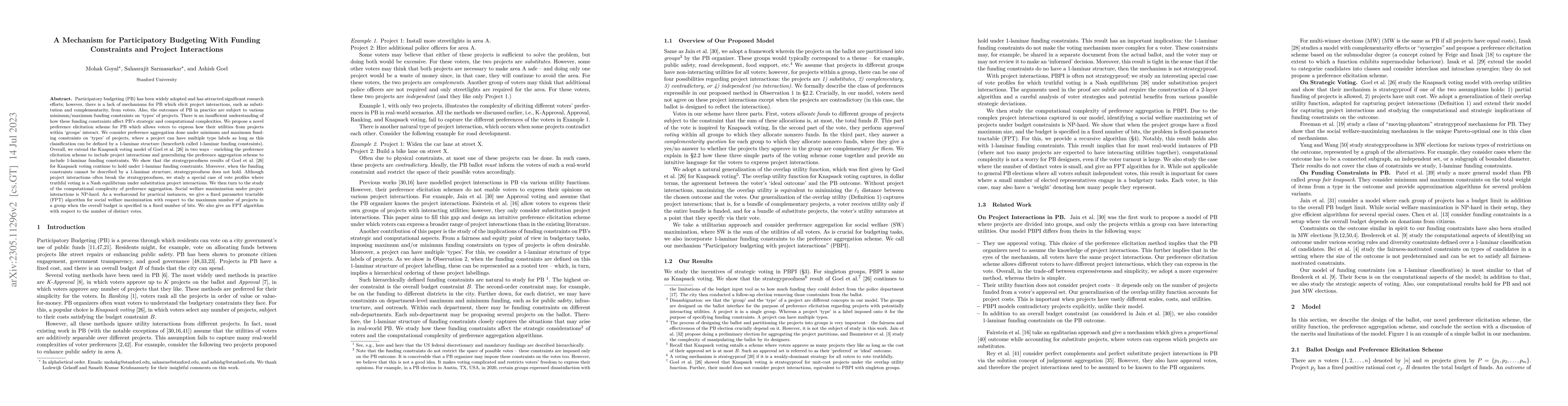Thumbnail for A Mechanism for Participatory Budgeting With Funding Constraints and
  Project Interactions