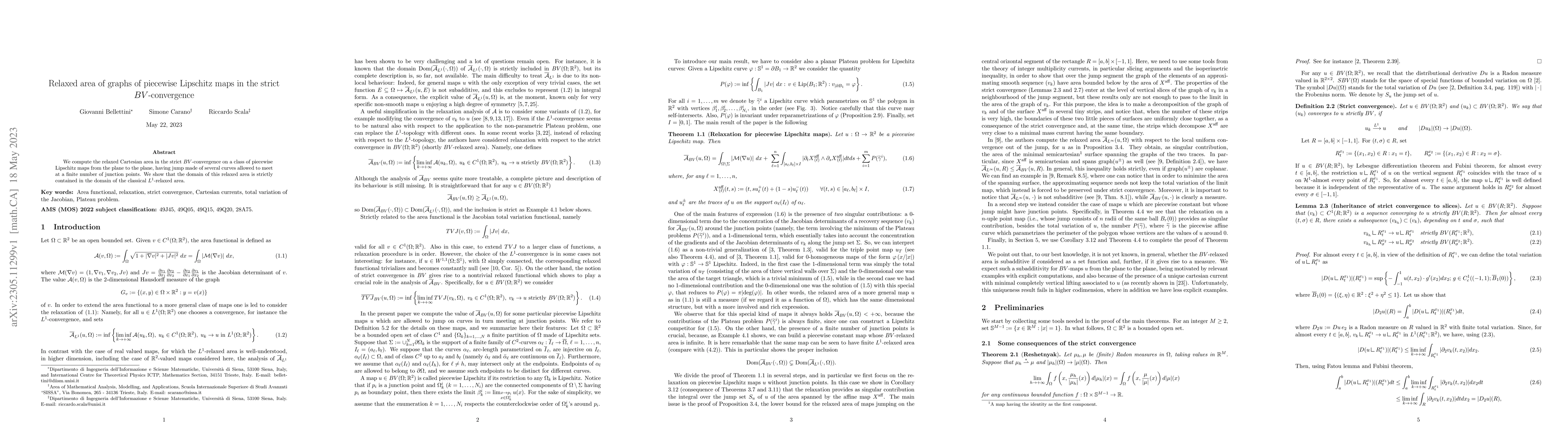 Thumbnail for Relaxed area of graphs of piecewise Lipschitz maps in the strict
  $BV$-convergence