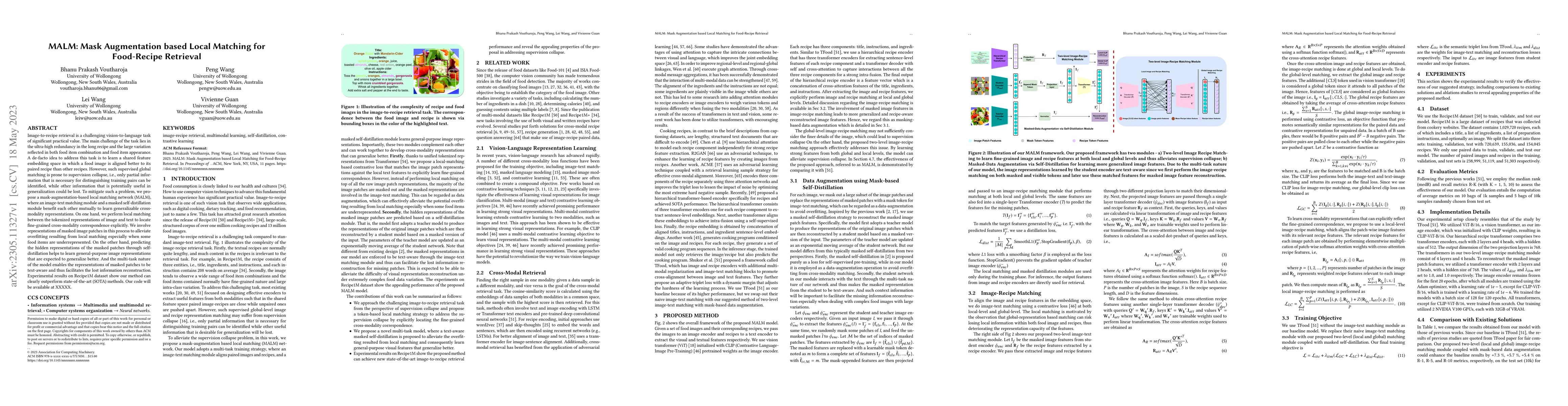 Thumbnail for MALM: Mask Augmentation based Local Matching for Food-Recipe Retrieval
