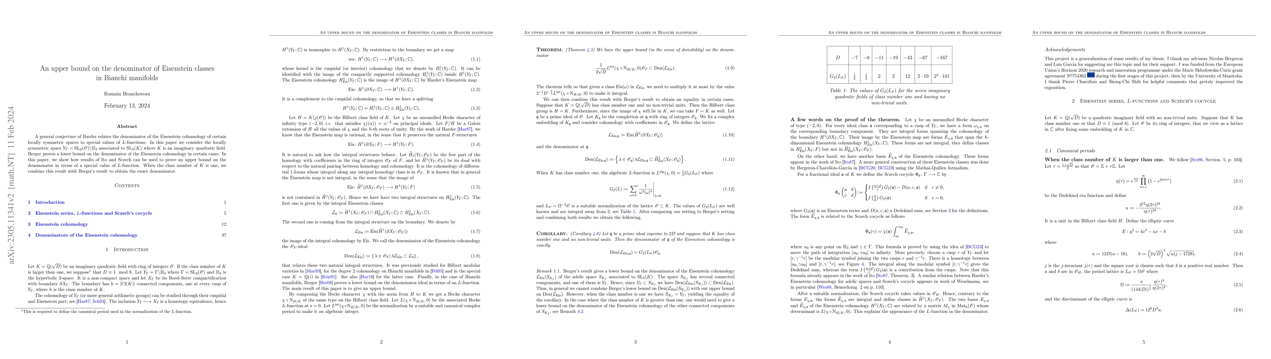 Thumbnail for An upper bound on the denominator of Eisenstein classes in Bianchi
  manifolds