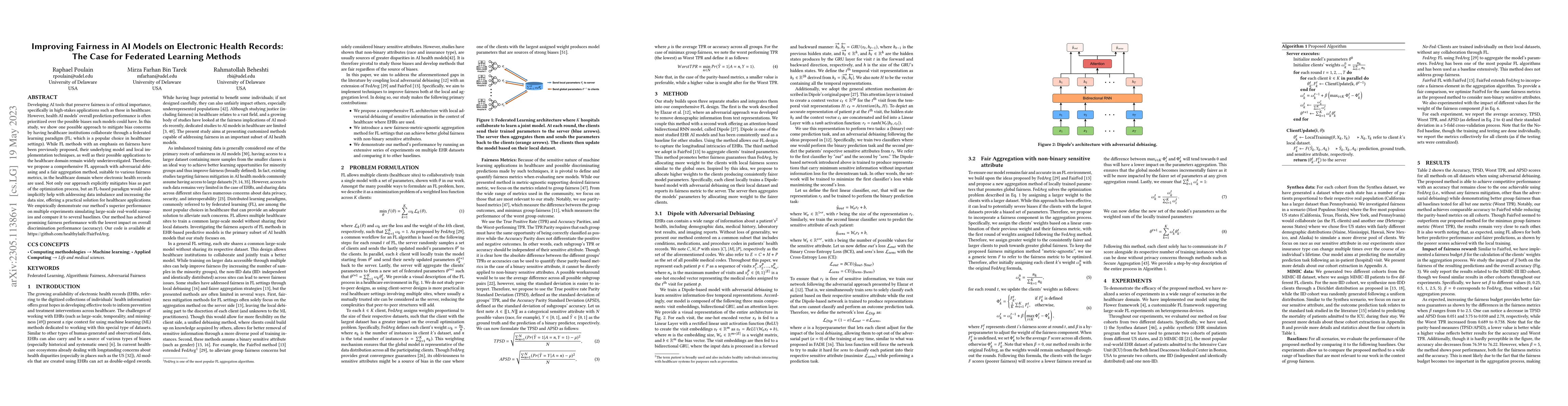 Thumbnail for Improving Fairness in AI Models on Electronic Health Records: The Case
  for Federated Learning Methods