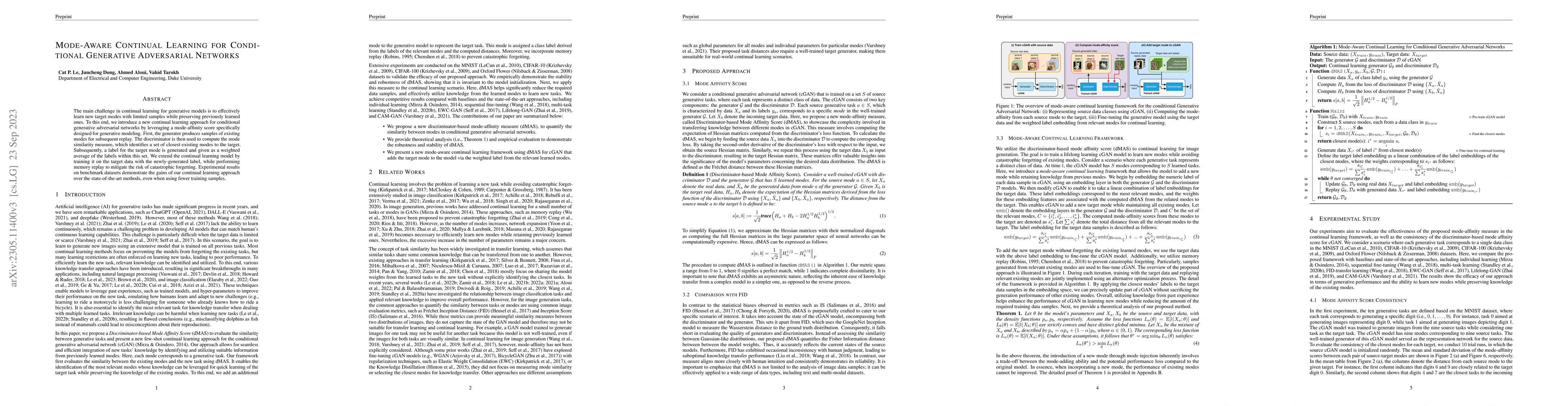 Thumbnail for Mode-Aware Continual Learning for Conditional Generative Adversarial
  Networks