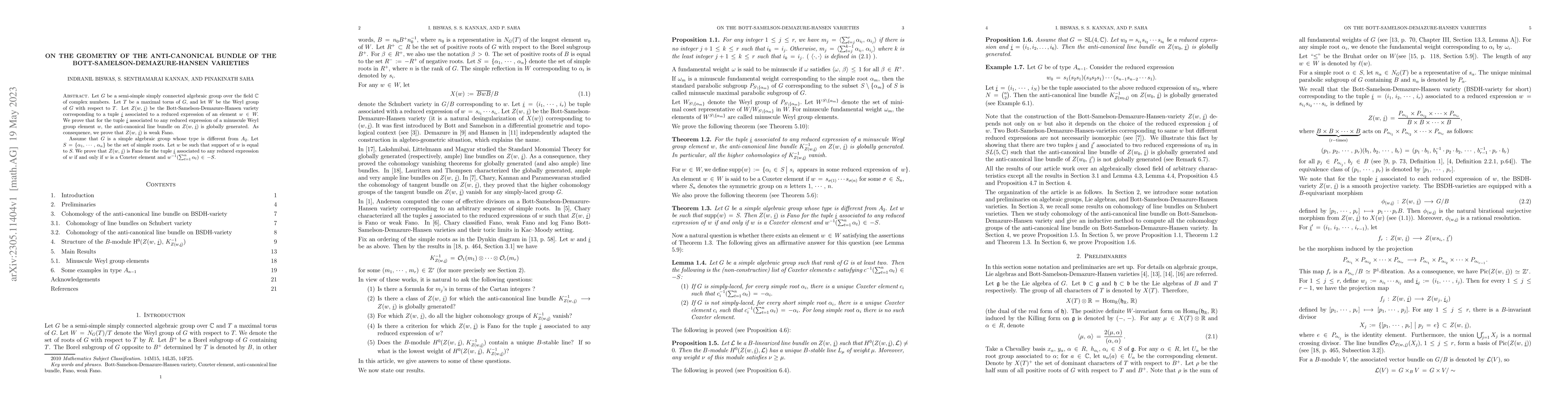 Thumbnail for On the geometry of the anti-canonical bundle of the
  Bott-Samelson-Demazure-Hansen varieties
