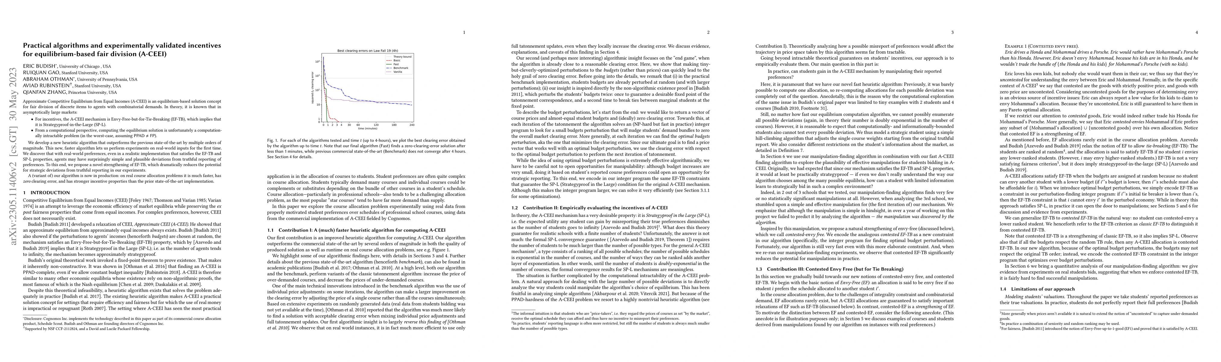 Thumbnail for Practical algorithms and experimentally validated incentives for
  equilibrium-based fair division (A-CEEI)