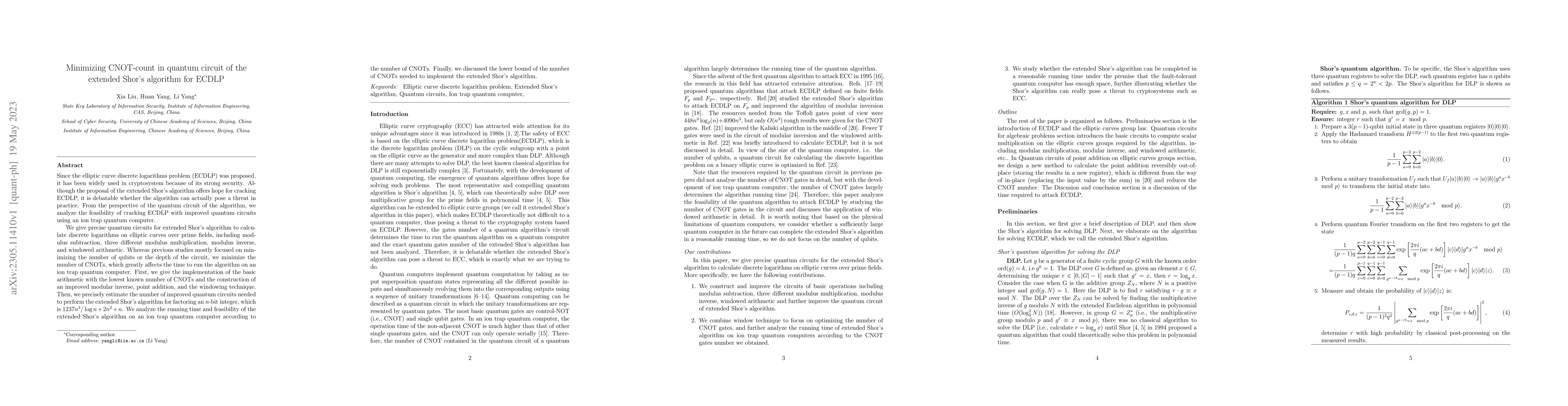 Thumbnail for Minimizing CNOT-count in quantum circuit of the extended Shor's
  algorithm for ECDLP